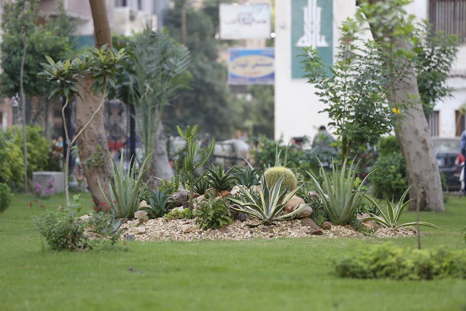 A lush garden scene featuring a neatly mown lawn bordered by a variety of flowering plants and shrubs. Tall, leafy trees with textured bark provide shade and a sense of enclosure, while vibrant blooms